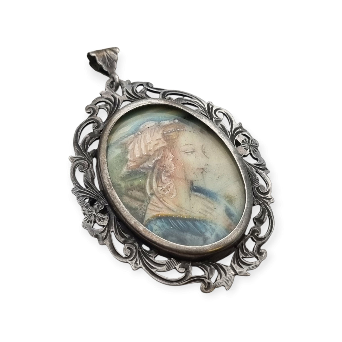 Art Nouveau 800 silver pendant brooch with miniature of a lady and floral frame, Europe, ca. 1900–1930
