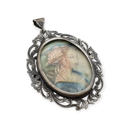 Art Nouveau 800 silver pendant brooch with miniature of a lady and floral frame, Europe, ca. 1900–1930