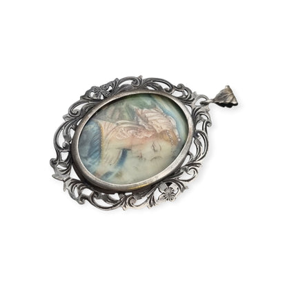 Art Nouveau 800 silver pendant brooch with miniature of a lady and floral frame, Europe, ca. 1900–1930