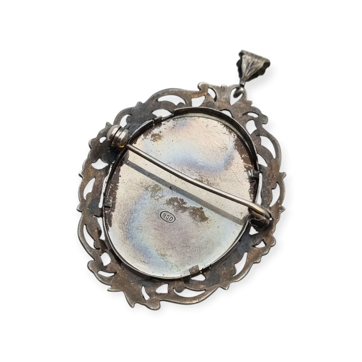Art Nouveau 800 silver pendant brooch with miniature of a lady and floral frame, Europe, ca. 1900–1930