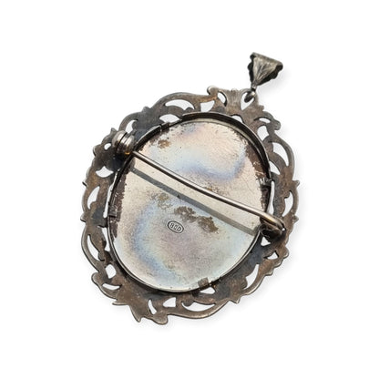 Art Nouveau 800 silver pendant brooch with miniature of a lady and floral frame, Europe, ca. 1900–1930
