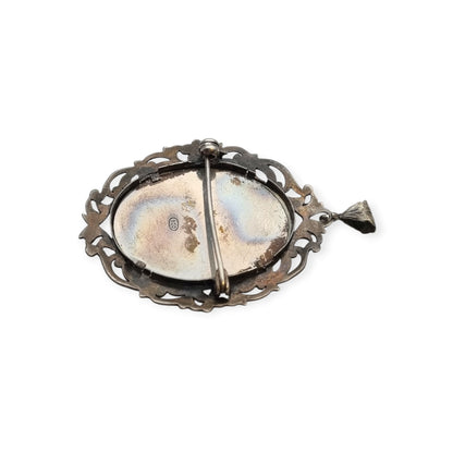 Art Nouveau 800 silver pendant brooch with miniature of a lady and floral frame, Europe, ca. 1900–1930