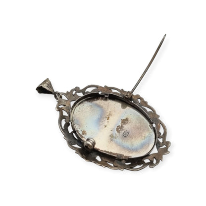 Art Nouveau 800 silver pendant brooch with miniature of a lady and floral frame, Europe, ca. 1900–1930