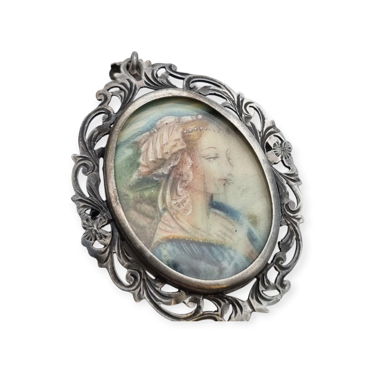 Art Nouveau 800 silver pendant brooch with miniature of a lady and floral frame, Europe, ca. 1900–1930