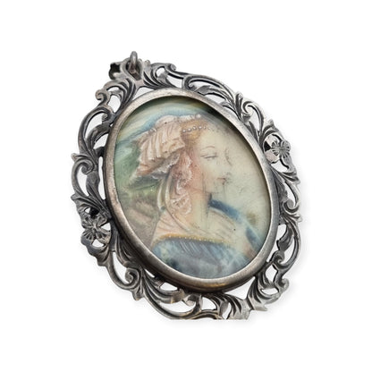 Art Nouveau 800 silver pendant brooch with miniature of a lady and floral frame, Europe, ca. 1900–1930
