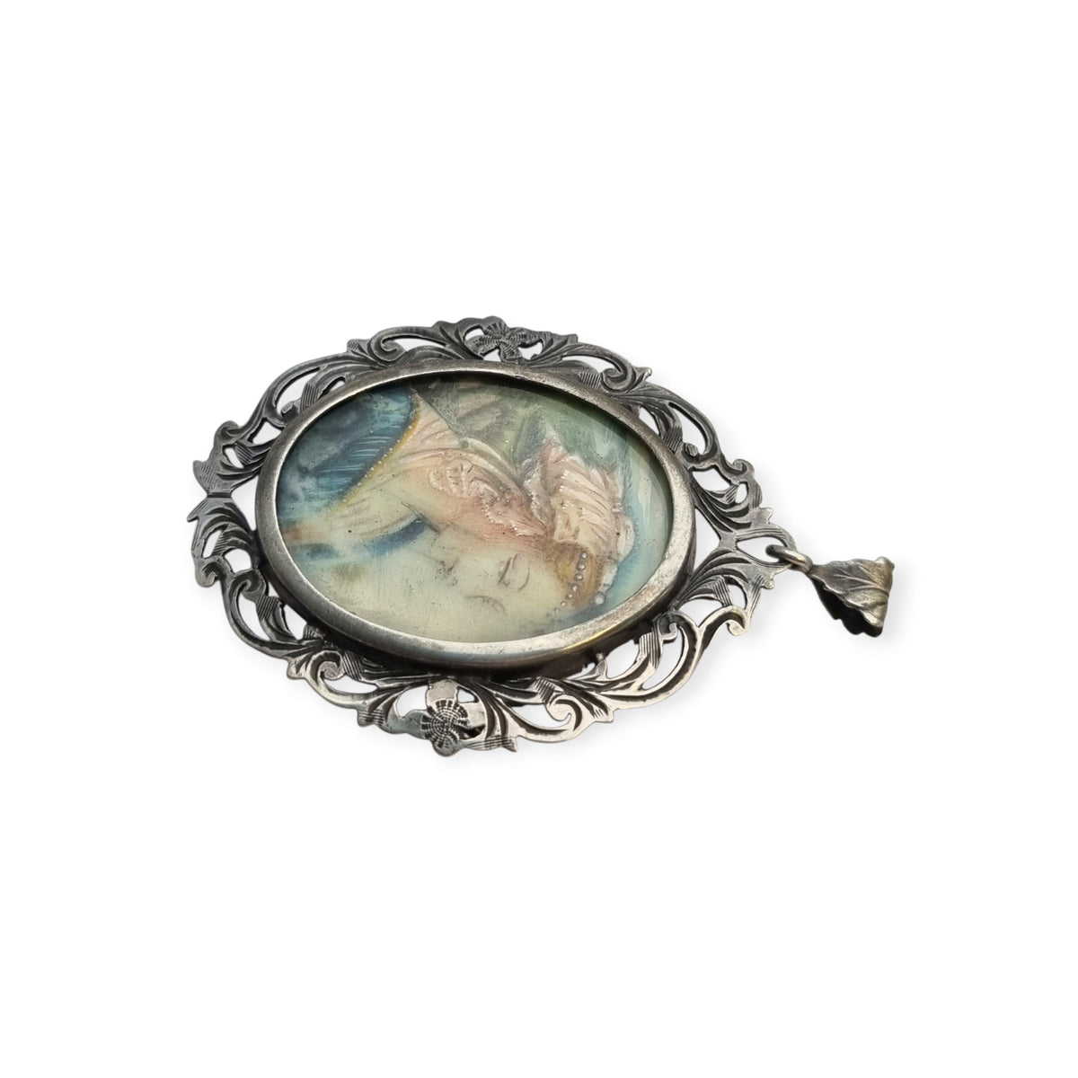 Art Nouveau 800 silver pendant brooch with miniature of a lady and floral frame, Europe, ca. 1900–1930