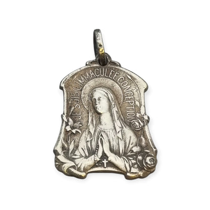 Antique Art Nouveau religious medal of Our Lady of Lourdes and the Immaculate Conception with flowers, France, ca. 1900–1930