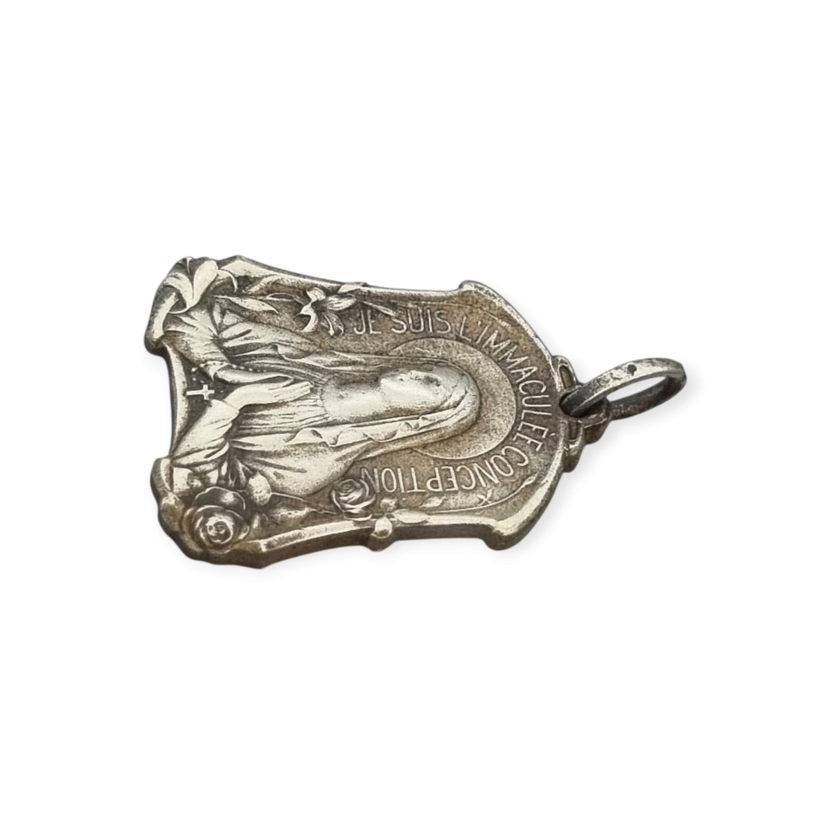 Antique Art Nouveau religious medal of Our Lady of Lourdes and the Immaculate Conception with flowers, France, ca. 1900–1930