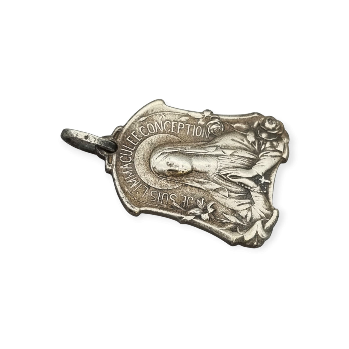 Antique Art Nouveau religious medal of Our Lady of Lourdes and the Immaculate Conception with flowers, France, ca. 1900–1930