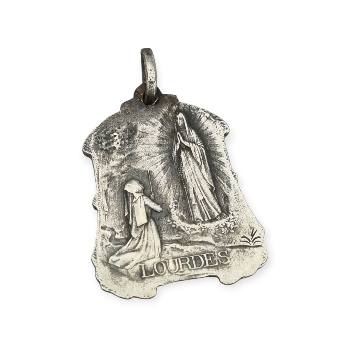 Antique Art Nouveau religious medal of Our Lady of Lourdes and the Immaculate Conception with flowers, France, ca. 1900–1930