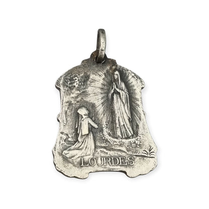 Antique Art Nouveau religious medal of Our Lady of Lourdes and the Immaculate Conception with flowers, France, ca. 1900–1930