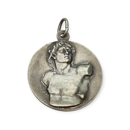 Medalla relicario vintage de san Sebastián de las catacumbas de Roma con símbolos paleocristianos, Italia, ca. 1950–1960