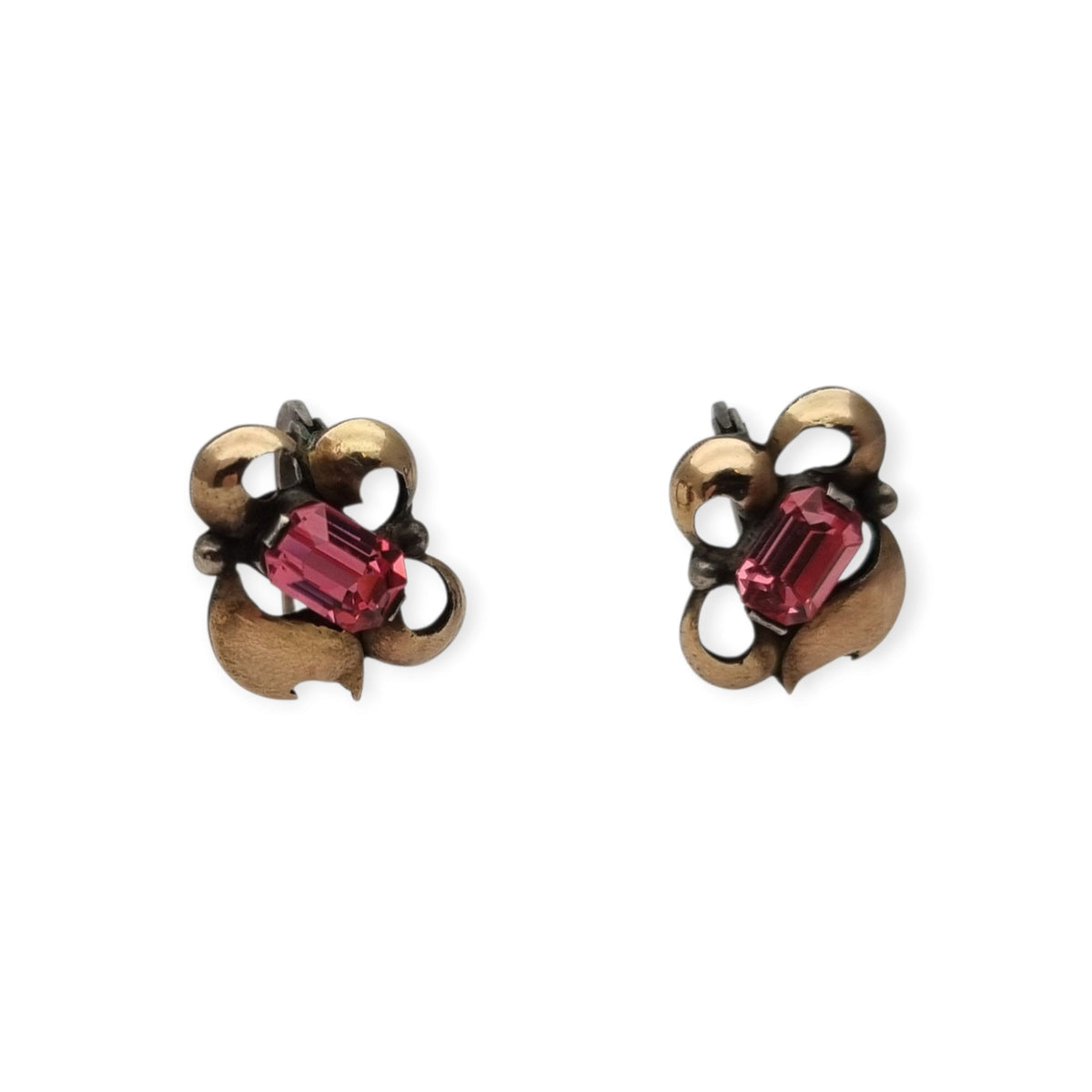 Pendientes antiguos Art Déco catalán de plata con vistas de oro y pedrería rosa, ca. 1940