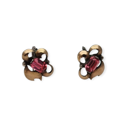 Pendientes antiguos Art Déco catalán de plata con vistas de oro y pedrería rosa, ca. 1940