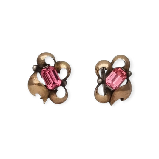 Pendientes antiguos Art Déco catalán de plata con vistas de oro y pedrería rosa, ca. 1940