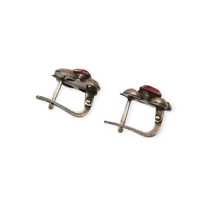 Pendientes antiguos Art Déco catalán de plata con vistas de oro y pedrería rosa, ca. 1940