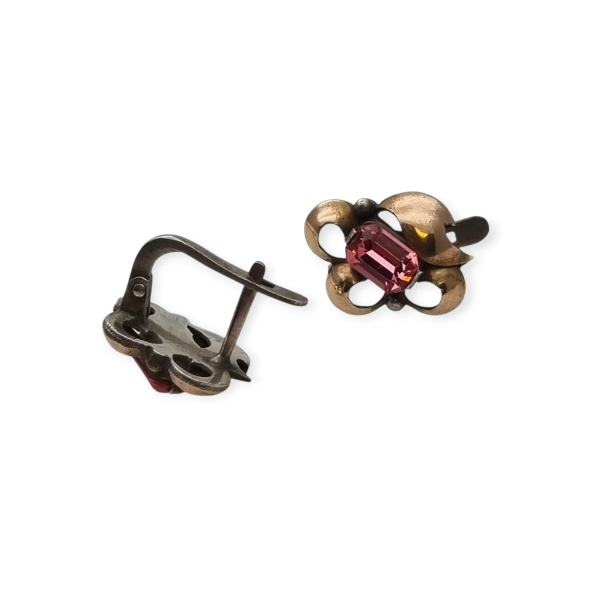 Pendientes antiguos Art Déco catalán de plata con vistas de oro y pedrería rosa, ca. 1940