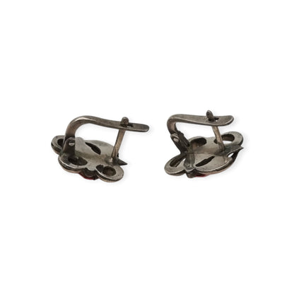 Pendientes antiguos Art Déco catalán de plata con vistas de oro y pedrería rosa, ca. 1940
