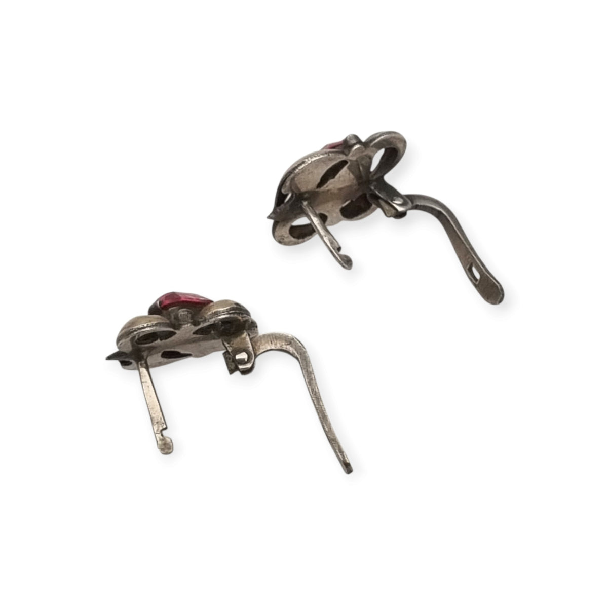 Pendientes antiguos Art Déco catalán de plata con vistas de oro y pedrería rosa, ca. 1940