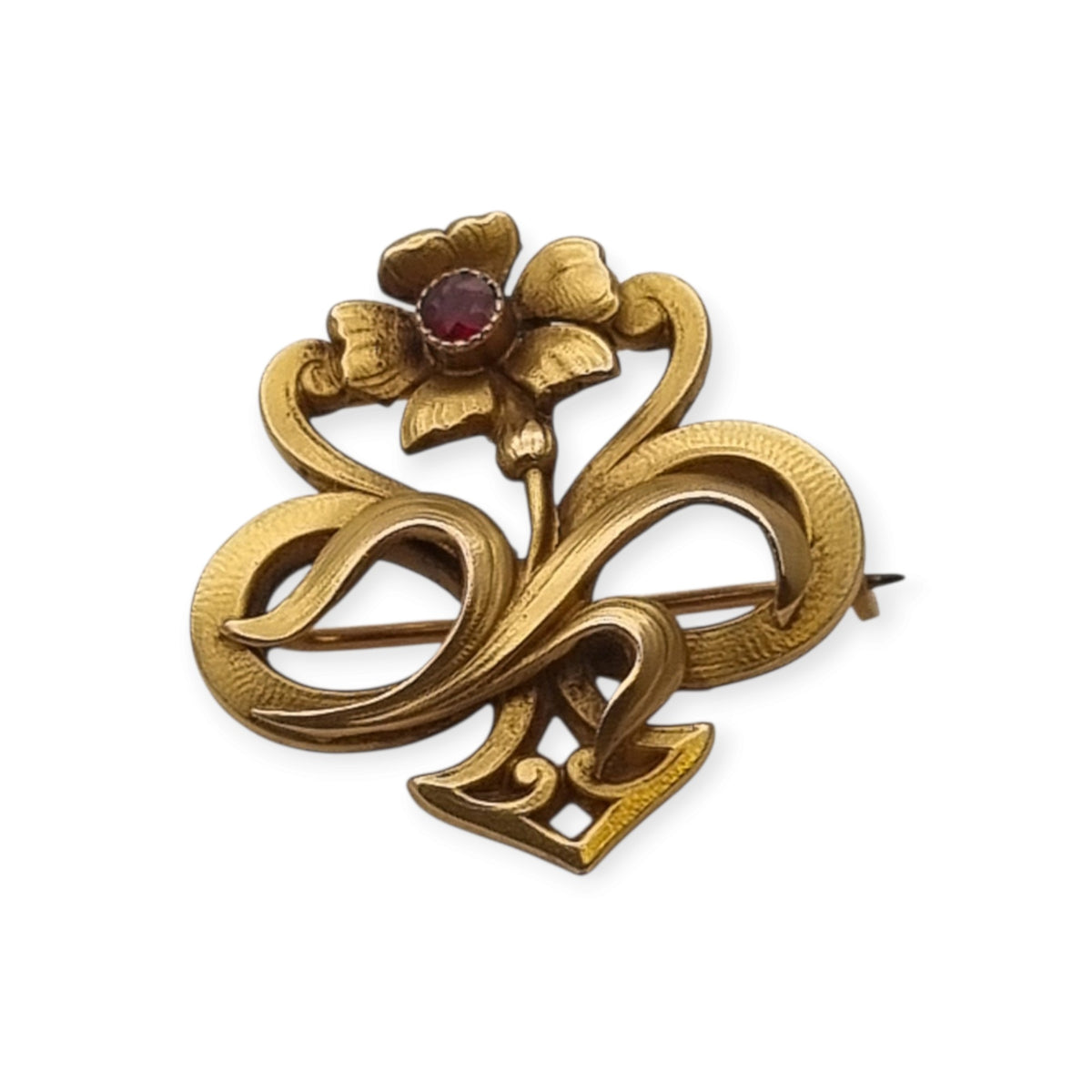Broche antiguo Art Nouveau francés de oro doublé con flor roja, ca. 1900–1910
