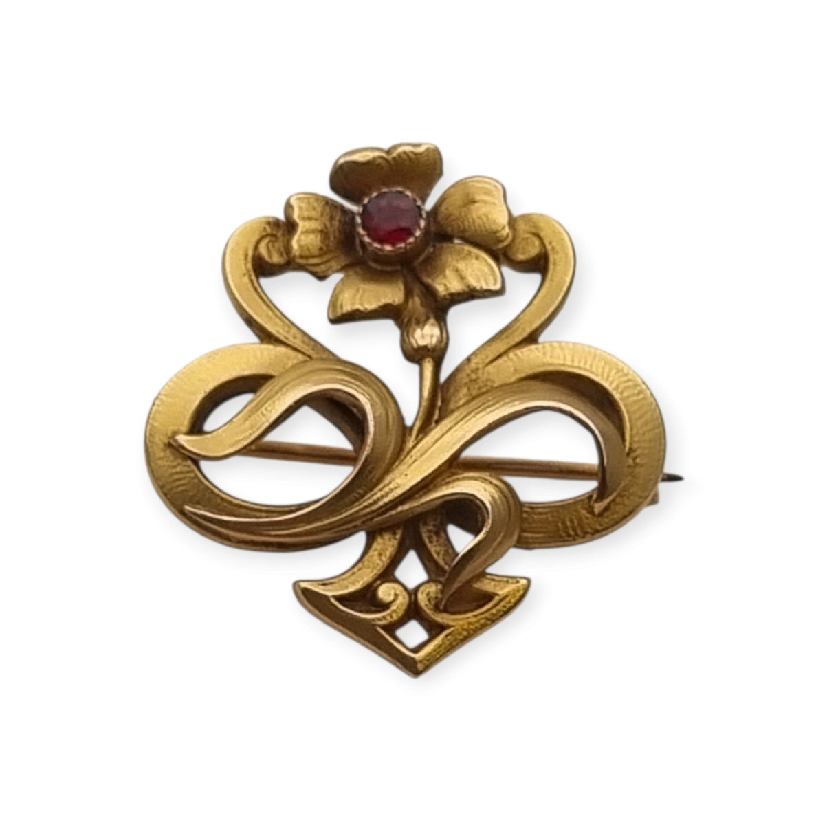 Broche antiguo Art Nouveau francés de oro doublé con flor roja, ca. 1900–1910