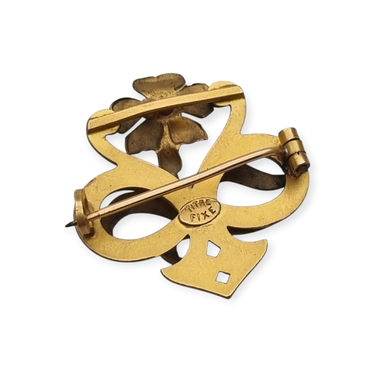 Broche antiguo Art Nouveau francés de oro doublé con flor roja, ca. 1900–1910