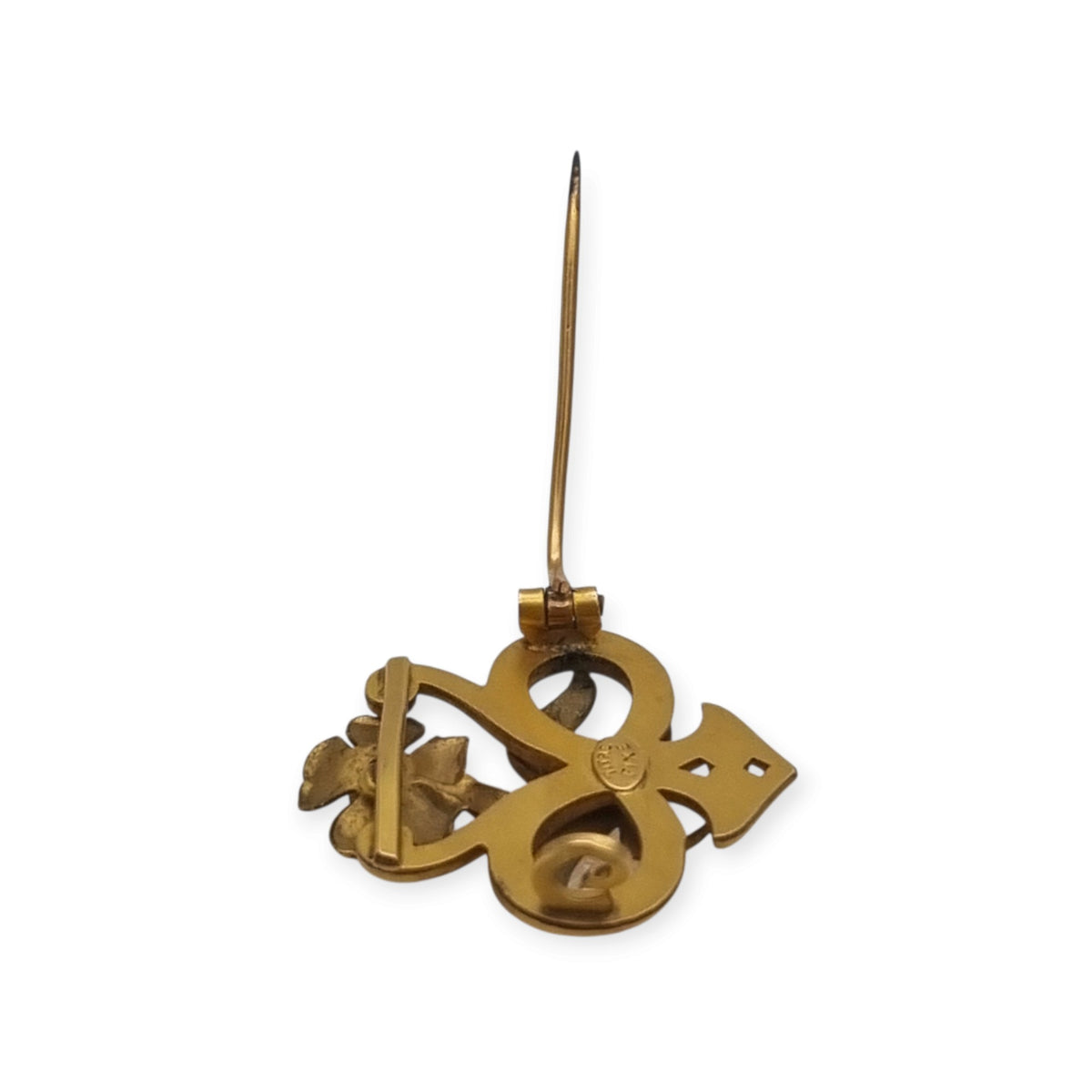 Broche antiguo Art Nouveau francés de oro doublé con flor roja, ca. 1900–1910