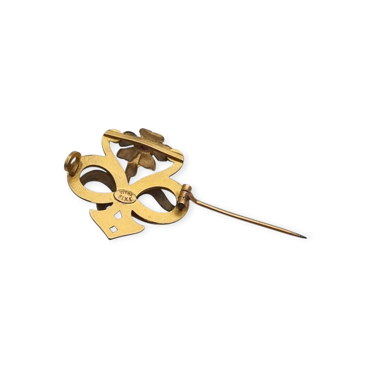 Broche antiguo Art Nouveau francés de oro doublé con flor roja, ca. 1900–1910