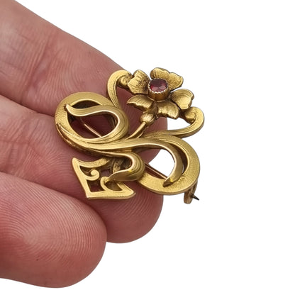 Broche antiguo Art Nouveau francés de oro doublé con flor roja, ca. 1900–1910