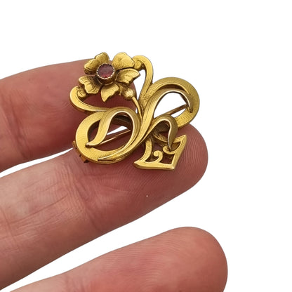 Broche antiguo Art Nouveau francés de oro doublé con flor roja, ca. 1900–1910