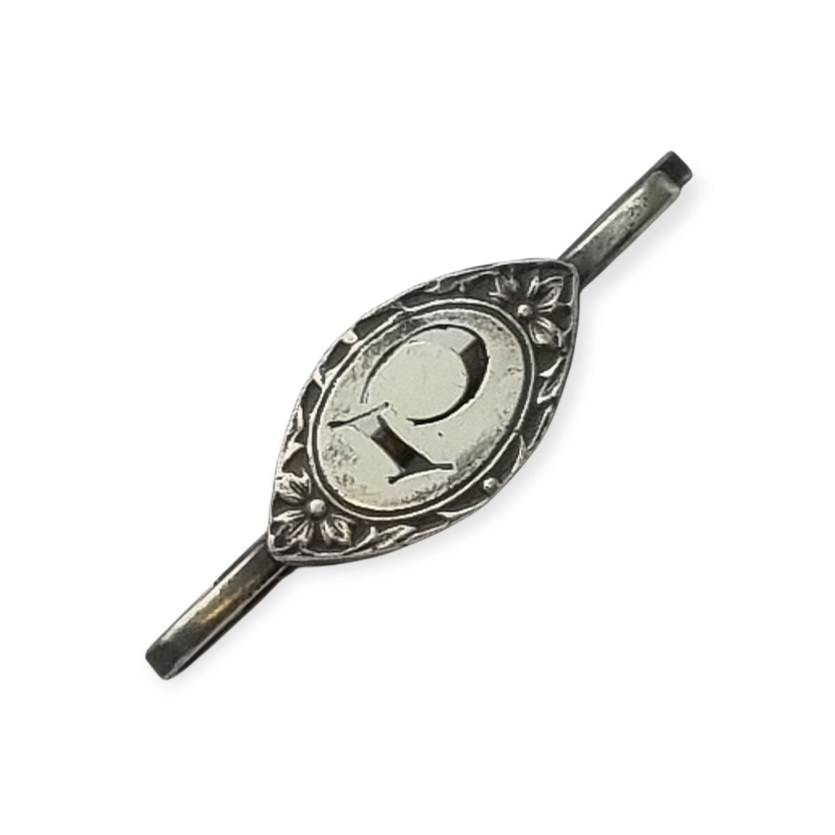Pasador de corbata antiguo Art Nouveau francés con frente de plata e inicial P, ca. 1910