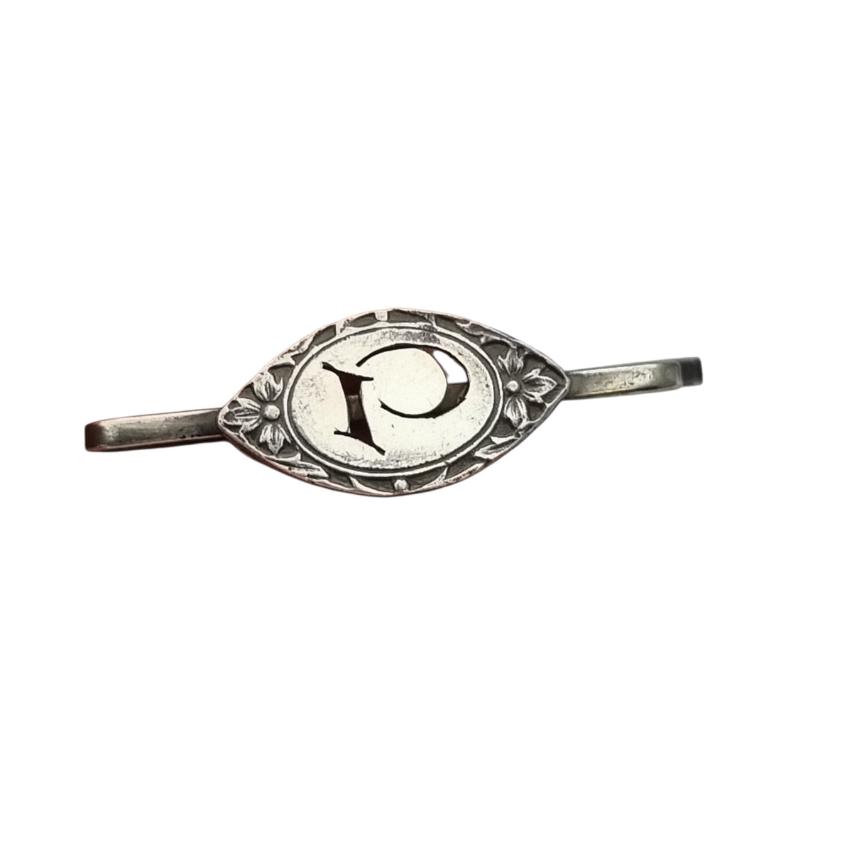 Pasador de corbata antiguo Art Nouveau francés con frente de plata e inicial P, ca. 1910