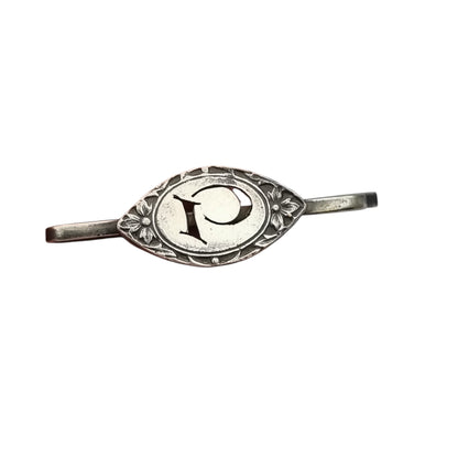 Pasador de corbata antiguo Art Nouveau francés con frente de plata e inicial P, ca. 1910