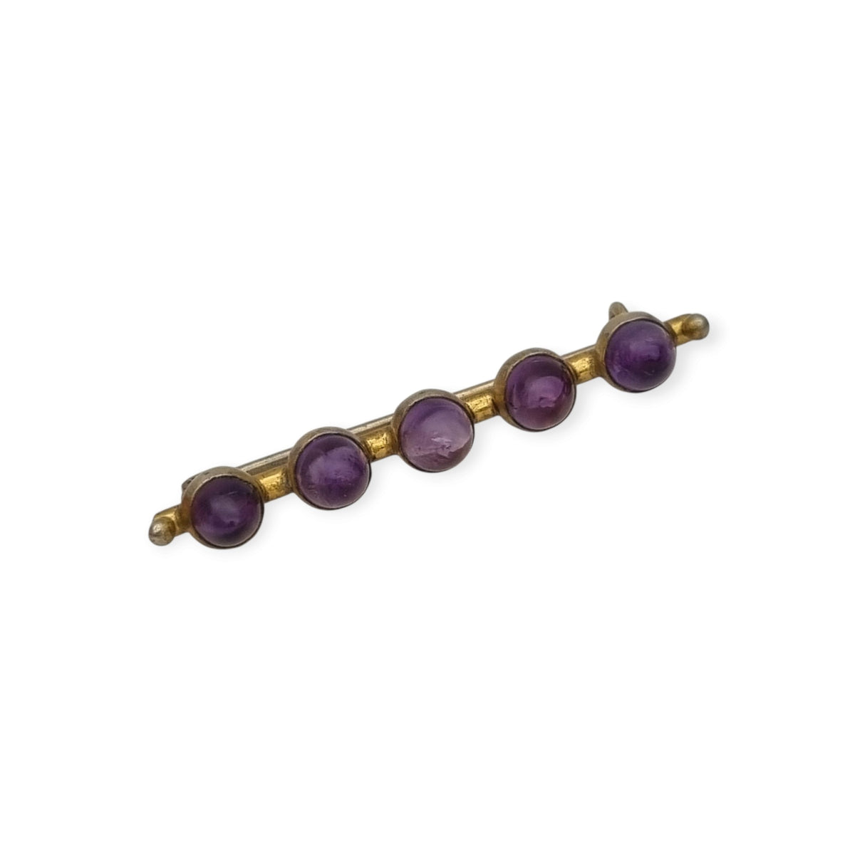 Broche de barra europeo de estilo victoriano tardío y eduardiano, metal dorado y cabujones violetas, ca. 1900–1950