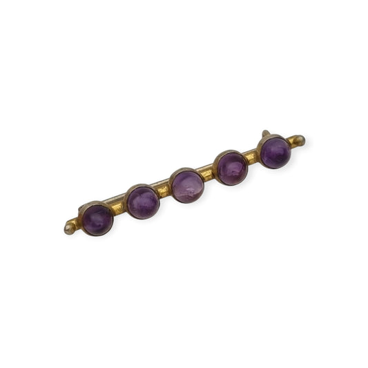 Broche de barra europeo de estilo victoriano tardío y eduardiano, metal dorado y cabujones violetas, ca. 1900–1950