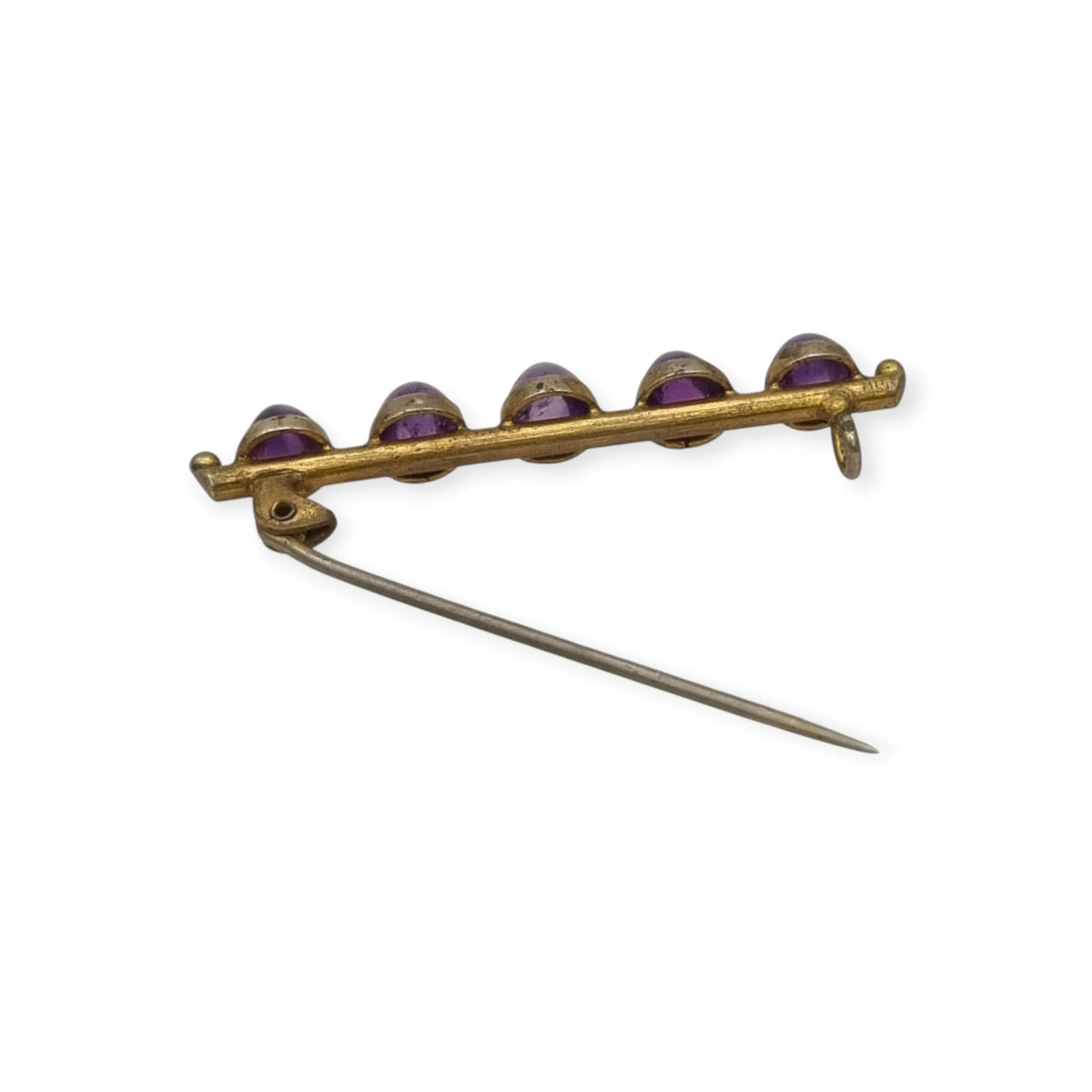 Broche de barra europeo de estilo victoriano tardío y eduardiano, metal dorado y cabujones violetas, ca. 1900–1950