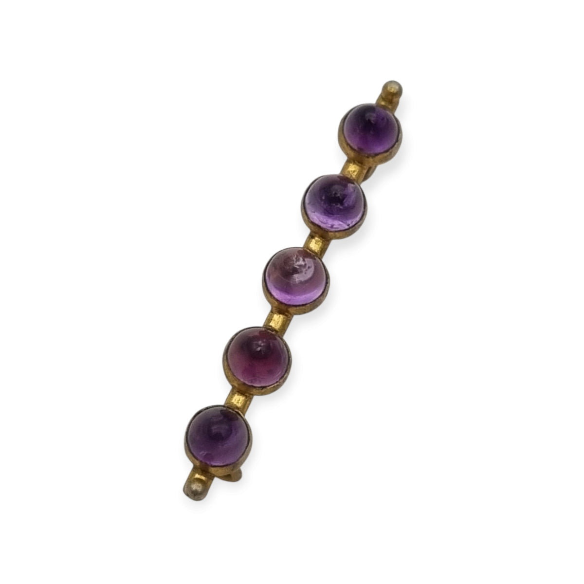 Broche de barra europeo de estilo victoriano tardío y eduardiano, metal dorado y cabujones violetas, ca. 1900–1950