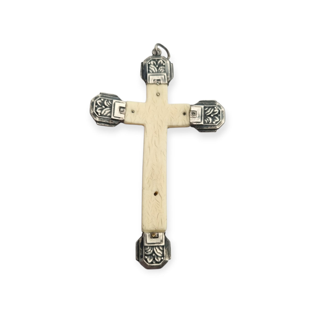 Cruz antigua art déco de plata y hueso con Cristo crucificado, Europa, ca. 1920–1940
