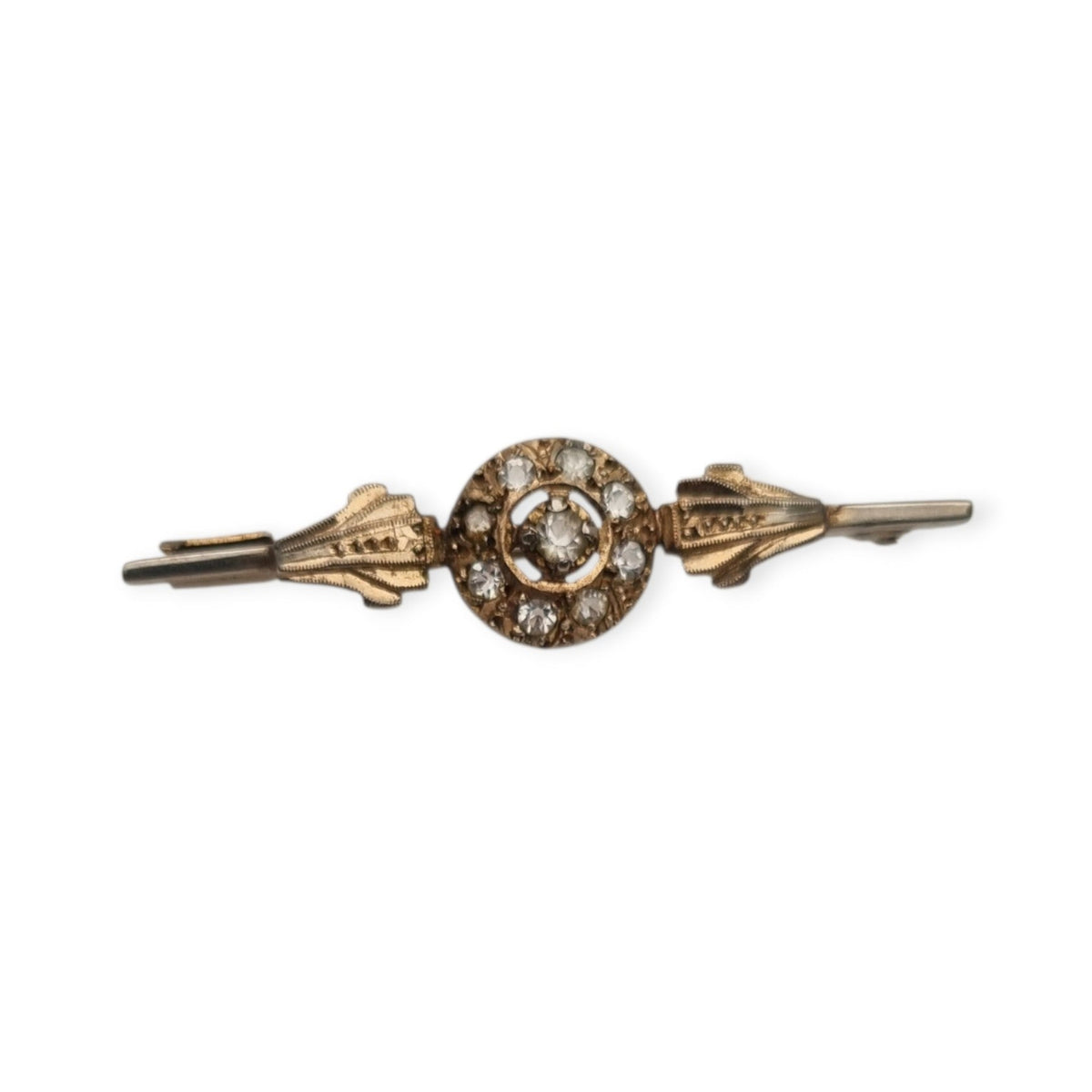 Antique Belle Époque brooch in gilded metal with clear stones, Europe, ca. 1890–1920