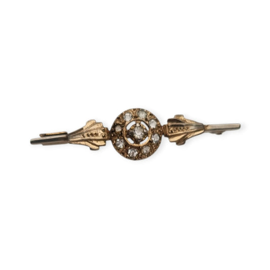 Broche antiguo Belle Époque en metal dorado con pedrería transparente, Europa, ca. 1890–1920