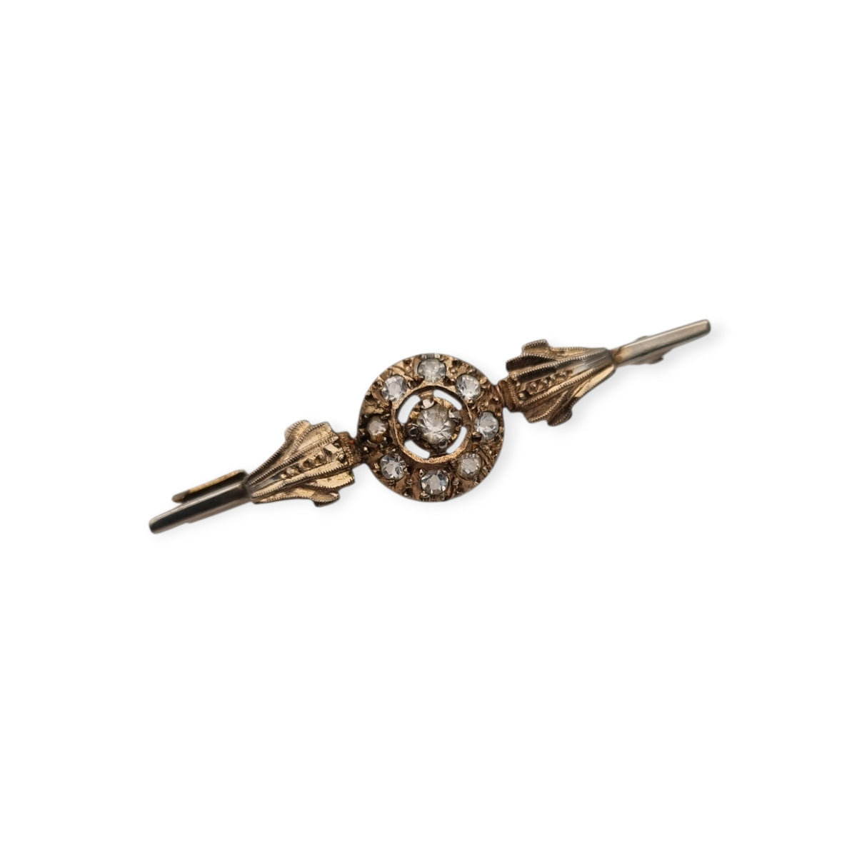 Antique Belle Époque brooch in gilded metal with clear stones, Europe, ca. 1890–1920