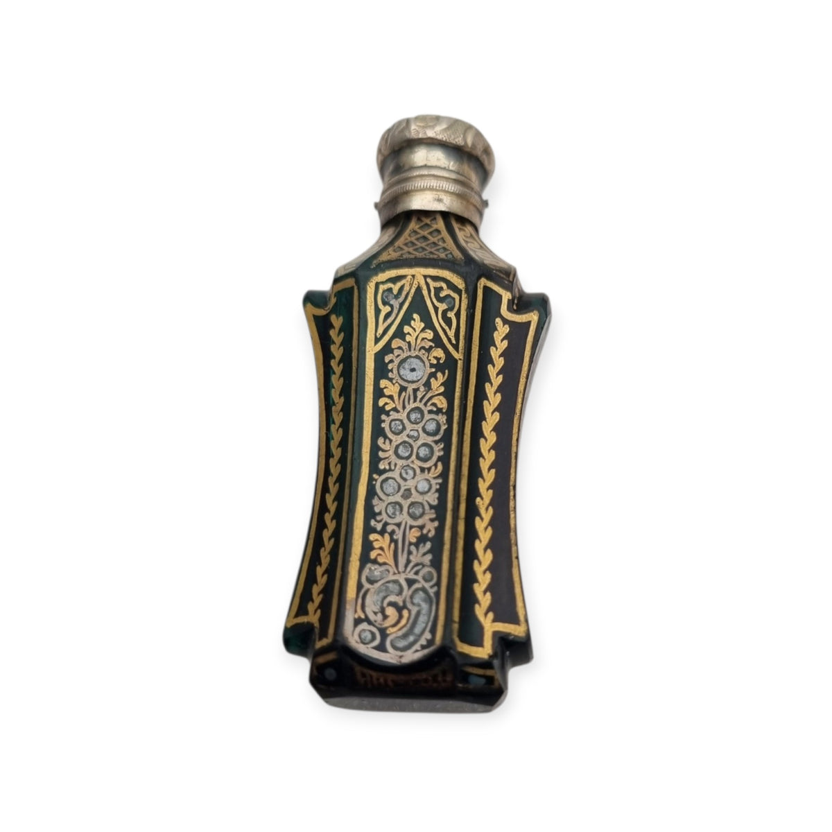 Antique Victorian green glass and silver perfume bottle, floral decoration, England, ca. 1880–1900