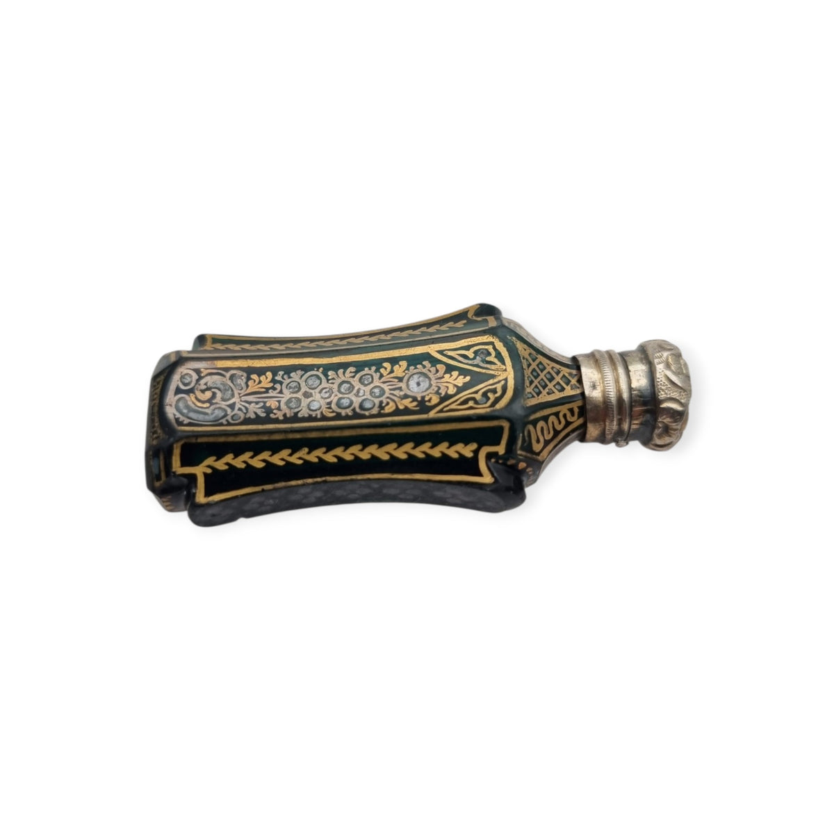 Antique Victorian green glass and silver perfume bottle, floral decoration, England, ca. 1880–1900
