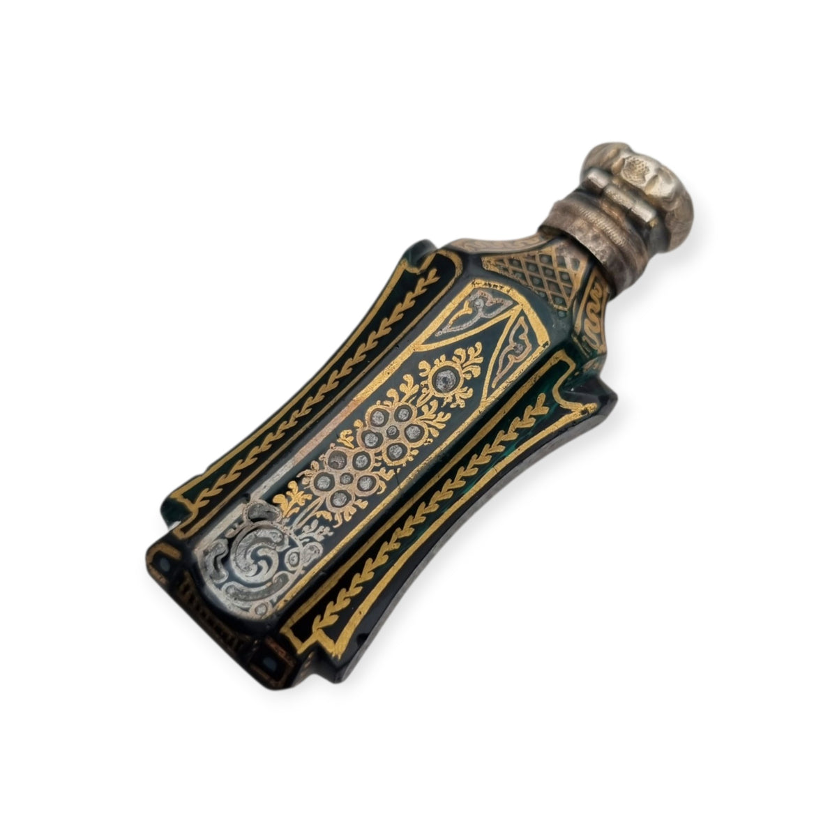 Antique Victorian green glass and silver perfume bottle, floral decoration, England, ca. 1880–1900