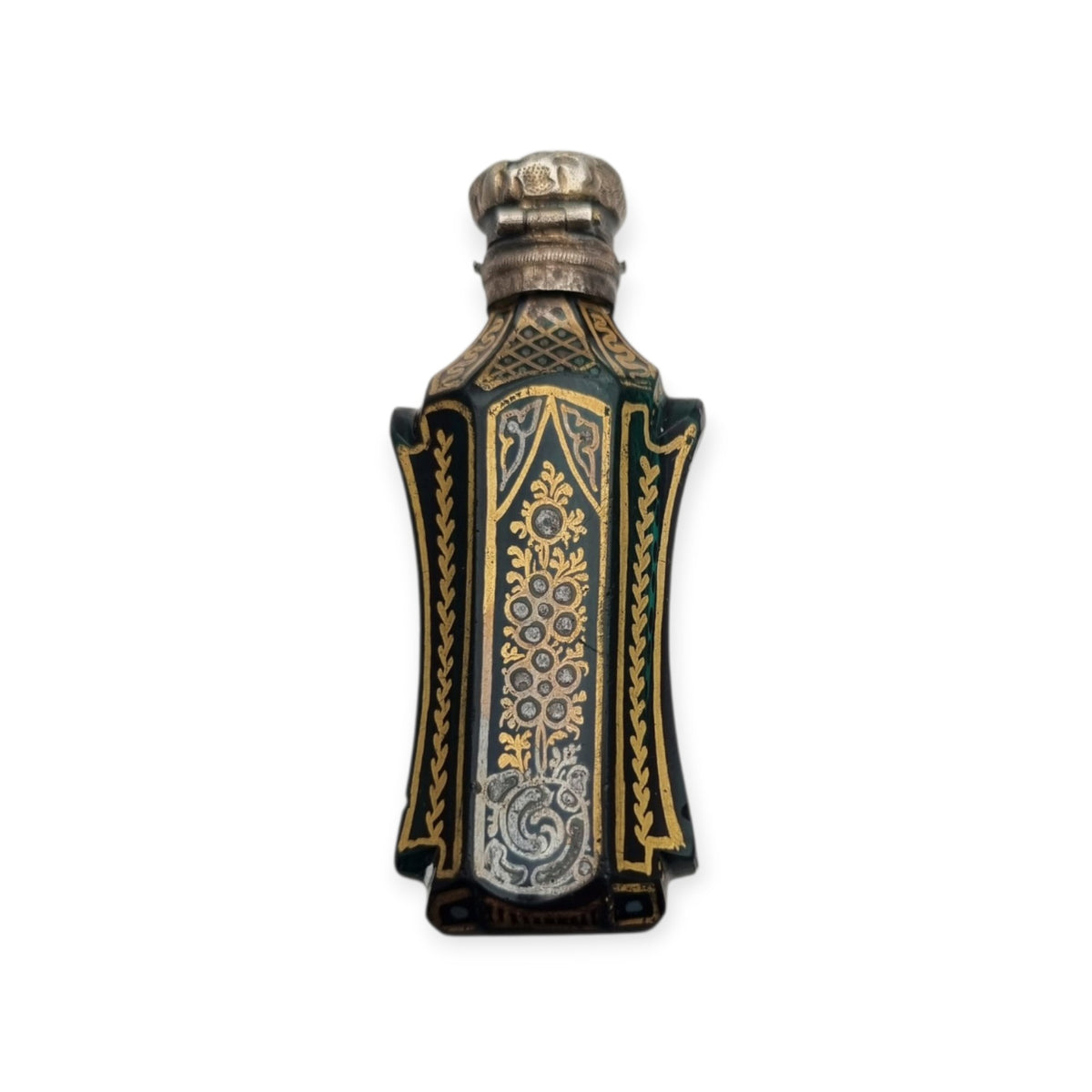 Antique Victorian green glass and silver perfume bottle, floral decoration, England, ca. 1880–1900