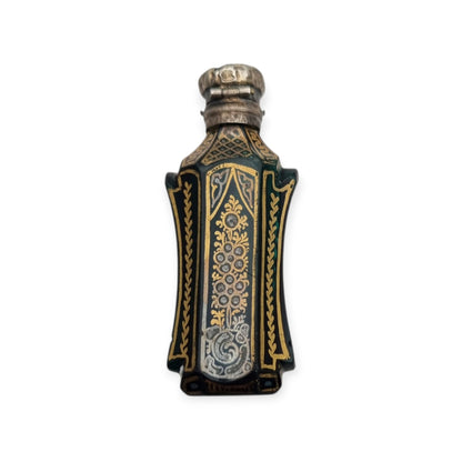 Antique Victorian green glass and silver perfume bottle, floral decoration, England, ca. 1880–1900