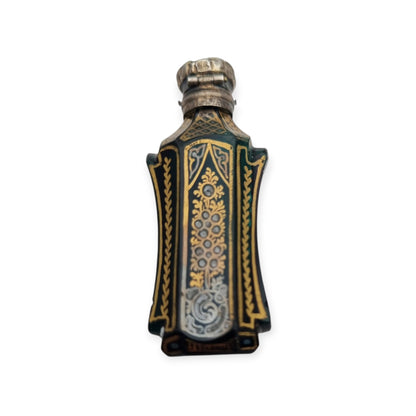Antique Victorian green glass and silver perfume bottle, floral decoration, England, ca. 1880–1900