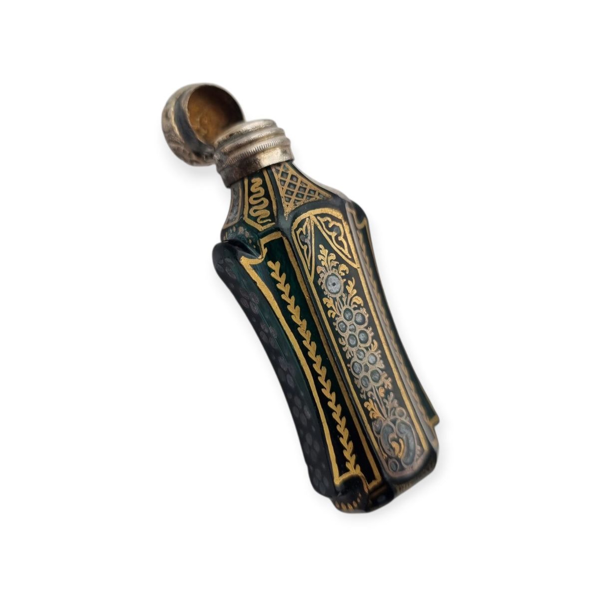 Antique Victorian green glass and silver perfume bottle, floral decoration, England, ca. 1880–1900