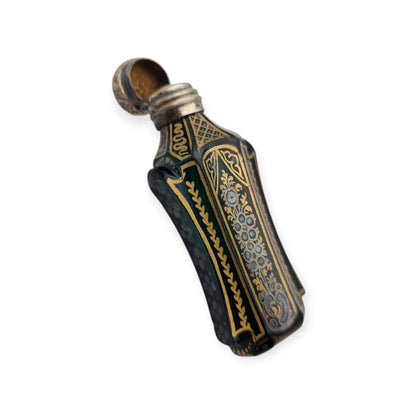 Antique Victorian green glass and silver perfume bottle, floral decoration, England, ca. 1880–1900