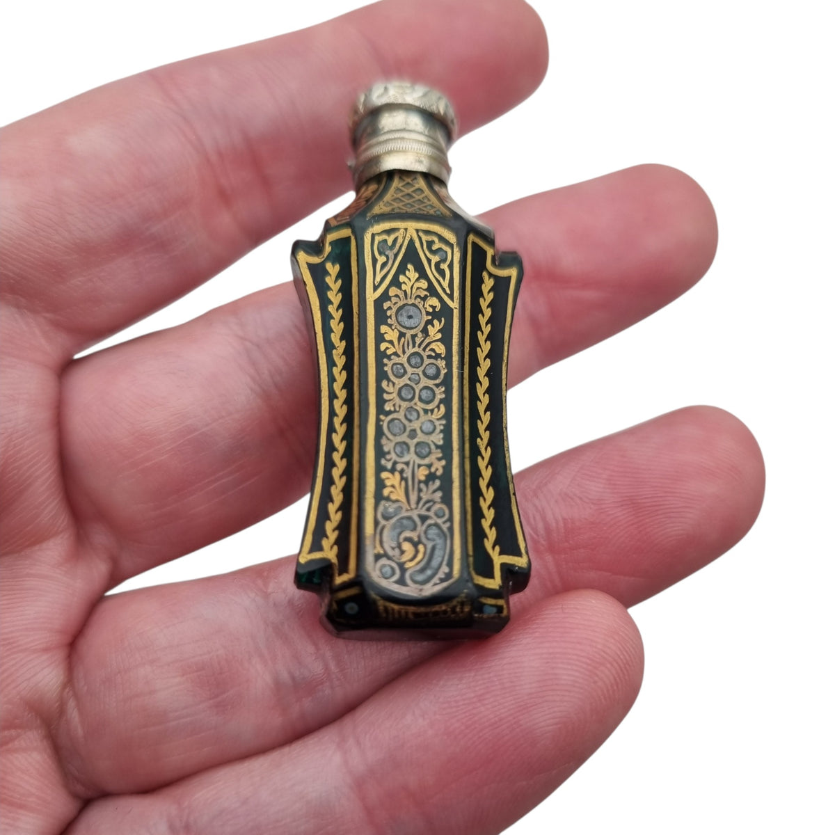 Antique Victorian green glass and silver perfume bottle, floral decoration, England, ca. 1880–1900